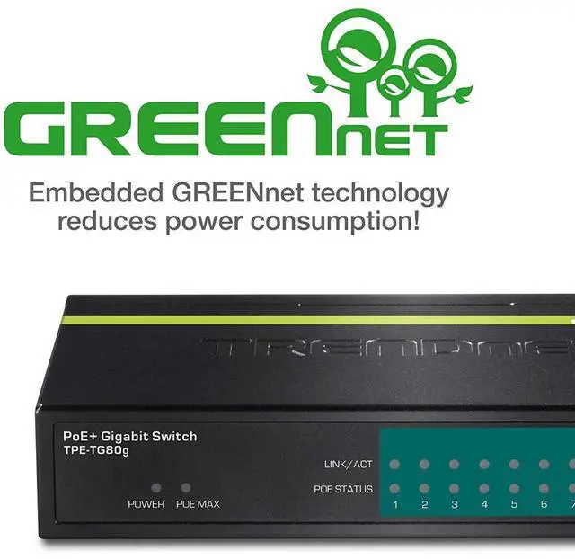 Alt view image 5 of 5 - TRENDnet 8-Port Gigabit PoE+ Switch, TPE-TG80G, 8 x Gigabit PoE+ Ports, 123W PoE Power Budget, 16 Gbps, Ethernet Splitter, NDAA & TAA Compliant, Metal, Lifetime Protection, Black