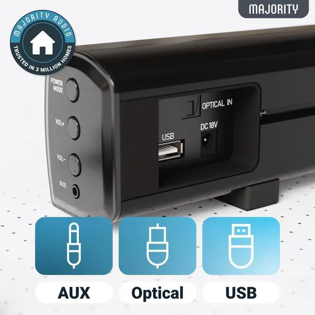 Alt view image 4 of 5 - Majority Sound Bar for Smart TV, 50 Watts, 2.0 Bluetooth TV Sound Bar, 15 Inch Home Audio Sound Bars, Small Soundbar for TV and PC | AUX, RCA, Optical, USB | Gaming, Music, Movies - Bowfell Black