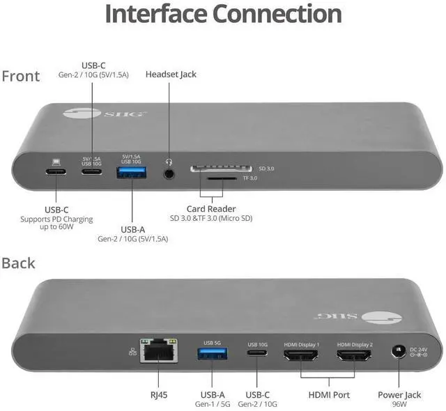 Alt view image 3 of 5 - SIIG 4K USB-C MST Docking Station Dual 4K60Hz Display for Windows Laptops, Thunderbolt 3 Compatible, 60W PD, HDMI, Ethernet, SD/TF 3.0, USB 10G, Audio, Vertical/Horizontal Design (JU-DK0N11-S1)