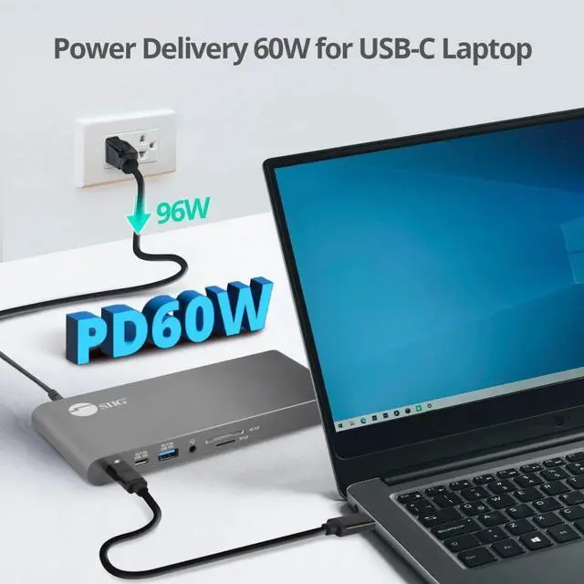 Alt view image 4 of 5 - SIIG 4K USB-C MST Docking Station Dual 4K60Hz Display for Windows Laptops, Thunderbolt 3 Compatible, 60W PD, HDMI, Ethernet, SD/TF 3.0, USB 10G, Audio, Vertical/Horizontal Design (JU-DK0N11-S1)