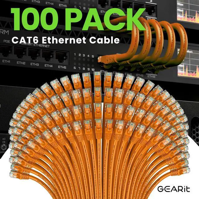 Alt view image 2 of 5 - GEARit Cat 6 Ethernet Cable (100-Pack 1 Foot) Cat6 Network Patch, 10Gbps, RJ45, Snagless Cord, Gold-Plated Connectors, Internet for PC, TV, Tablet, Router, Printer, Servers, IT Data Center - Orange