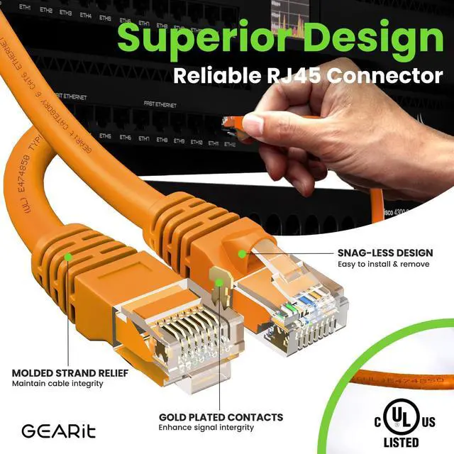 Alt view image 4 of 5 - GEARit Cat 6 Ethernet Cable (100-Pack 1 Foot) Cat6 Network Patch, 10Gbps, RJ45, Snagless Cord, Gold-Plated Connectors, Internet for PC, TV, Tablet, Router, Printer, Servers, IT Data Center - Orange