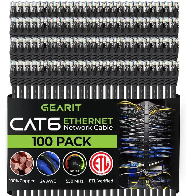 Main image of GEARit Cat 6 Ethernet Cable (100-Pack 0.5 Feet) Cat6 Network Patch, 10Gbps, RJ45, Snagless Cord, Gold-Plated Connectors, Internet for PC, TV, Tablet, Router, Printer, Servers, IT Data Center - Black