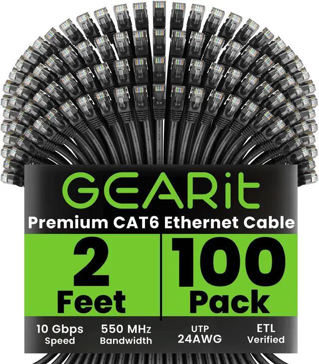 Main image of GEARit Cat 6 Ethernet Cable (100-Pack 2 Feet) Cat6 Network Patch, 10Gbps, RJ45, Snagless Cord, Gold-Plated Connectors, Internet for PC, TV, Tablet, Router, Printer, Servers, IT Data Center - Black