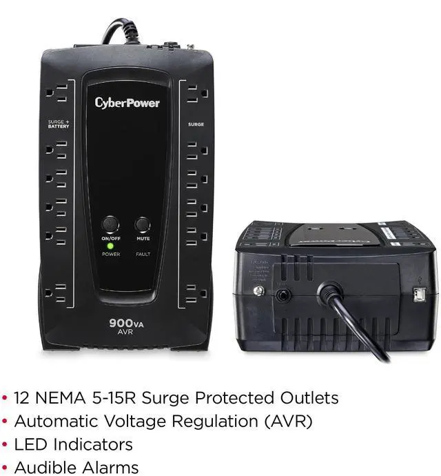 Alt view image 3 of 5 - CyberPower AVRG900U AVR UPS System, 900VA/480W, 12 Outlets, Compact