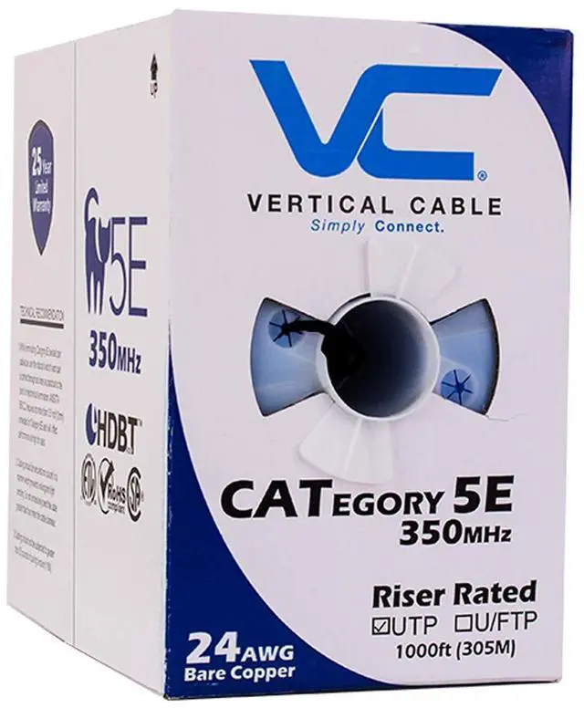 Main image of Vertical Cable Cat5e, 350 MHz, UTP, 24AWG, 8C Solid Bare Copper, 1000ft, Black, Bulk Ethernet Cable - 054 Series