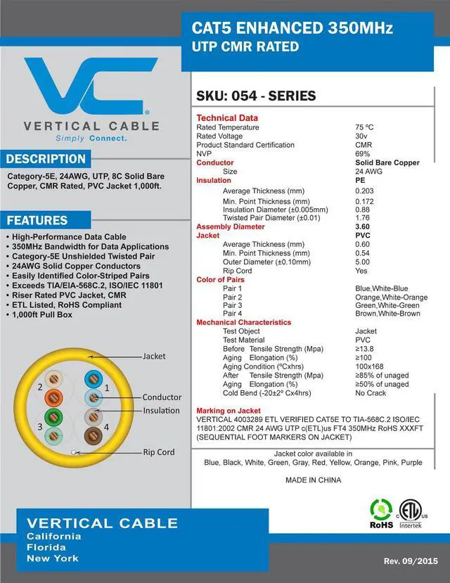 Alt view image 4 of 5 - Vertical Cable Cat5e, 350 MHz, UTP, 24AWG, 8C Solid Bare Copper, 1000ft, Black, Bulk Ethernet Cable - 054 Series
