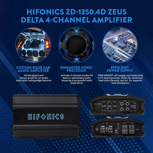 Alt view image 3 of 5 - Hifonics Zeus Delta 1,350 Watt Compact 4 Channel Nickel Plated Mobile Car Audio Amplifier with Auto Turn On Feature, ZD-1350.4D, Black