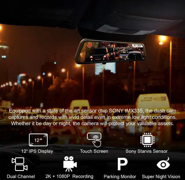 Alt view image 3 of 5 - REXING M1 PRO 2K DUAL MIRROR DASH CAM 12 IPS TOUCH SCREEN, 1440p (FRONT) + 1080p (REAR), WATERPROOF BACKUP CAMERA, STREAM MEDIA, PARKING MONITOR, SONY IMX 335 SENSOR NIGHT VISION, SUPPORT UP TO 256GB