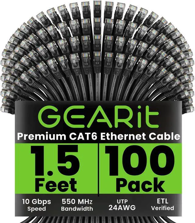 Main image of GEARit Cat 6 Ethernet Cable (100-Pack 1.5 Feet) Cat6 Network Patch, 10Gbps, RJ45, Snagless Cord, Gold-Plated Connectors, Internet for PC, TV, Tablet, Router, Printer, Servers, IT Data Center - Black