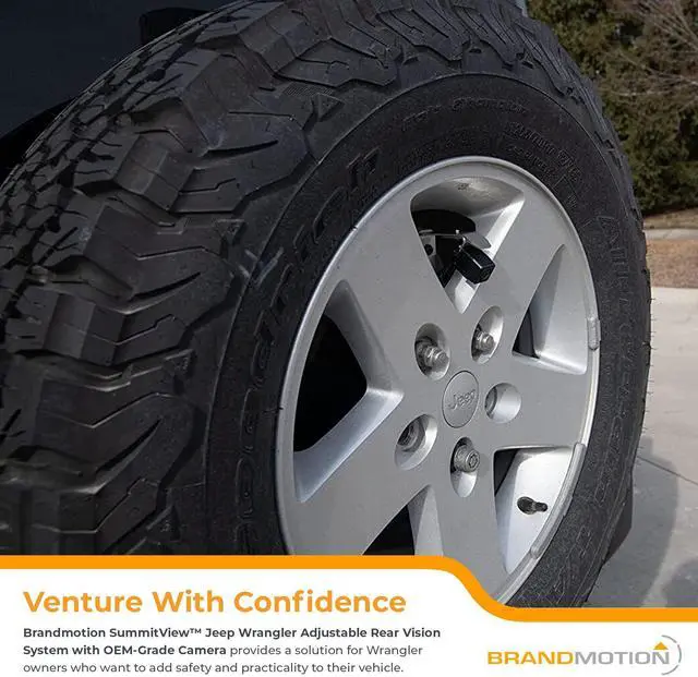 Alt view image 2 of 3 - Brandmotion SummitView Adjustable Rear Vision System with Panasonic OEM-Grade Camera Compatible with Jeep Wrangler JK/JL with Aftermarket Display - Stainless Steel Tire Bracket - No Dealer Activation