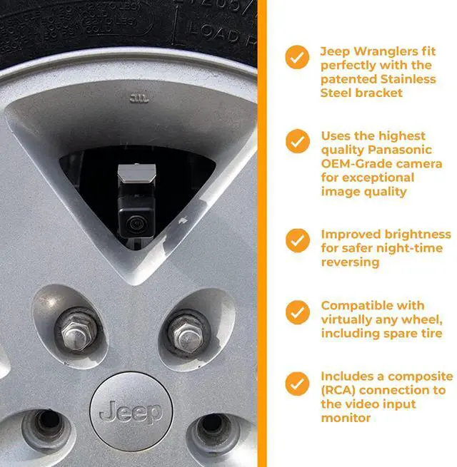 Alt view image 3 of 3 - Brandmotion SummitView Adjustable Rear Vision System with Panasonic OEM-Grade Camera Compatible with Jeep Wrangler JK/JL with Aftermarket Display - Stainless Steel Tire Bracket - No Dealer Activation