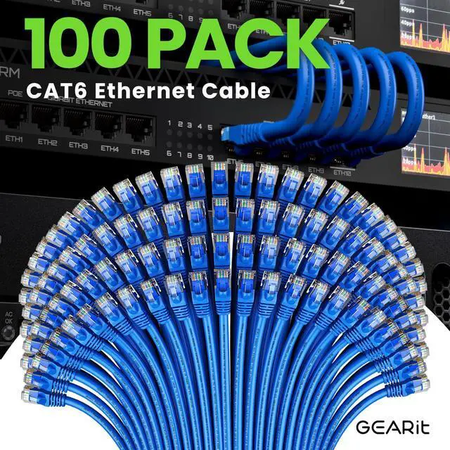 Alt view image 2 of 5 - GEARit Cat 6 Ethernet Cable (100-Pack 1.5 Feet) Cat6 Network Patch, 10Gbps, RJ45, Snagless Cord, Gold-Plated Connectors, Internet for PC, TV, Tablet, Router, Printer, Servers, IT Data Center - Blue