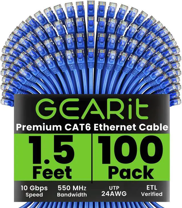 Main image of GEARit Cat 6 Ethernet Cable (100-Pack 1.5 Feet) Cat6 Network Patch, 10Gbps, RJ45, Snagless Cord, Gold-Plated Connectors, Internet for PC, TV, Tablet, Router, Printer, Servers, IT Data Center - Blue