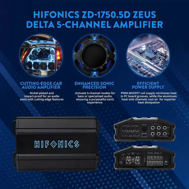 Alt view image 3 of 5 - Hifonics Zeus Delta 1,750 Watt Compact 5 Channel Nickel Plated Mobile Car Audio Amplifier with Auto Turn On Feature, ZD-1750.5D, Black