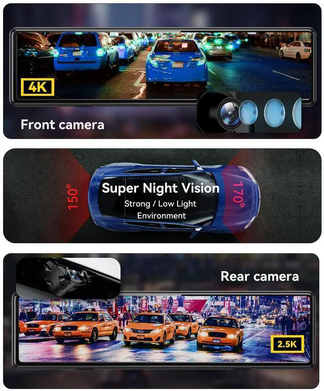 Alt view image 2 of 5 - REDTIGER T27 Mirror Dash Cam Front and Rear, 4K+2.5K Rear View Mirror Camera, 11" UHD Touch Screen Rearview Mirror Backup Camera, Night Vision, GPS, Reverse Assistance, Parking Monitor, 32GB Card