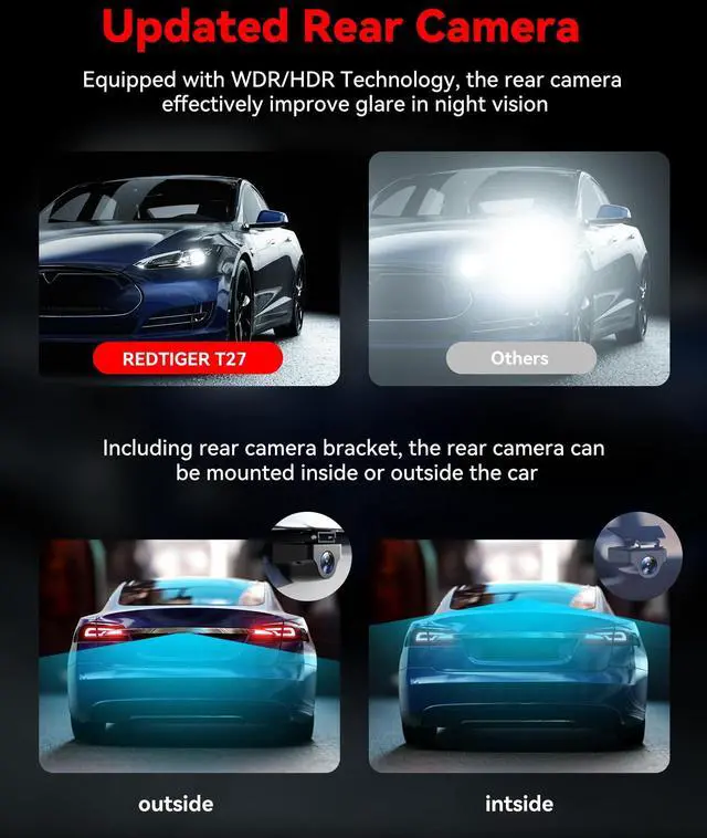 Alt view image 4 of 5 - REDTIGER T27 Mirror Dash Cam Front and Rear, 4K+2.5K Rear View Mirror Camera, 11" UHD Touch Screen Rearview Mirror Backup Camera, Night Vision, GPS, Reverse Assistance, Parking Monitor, 32GB Card