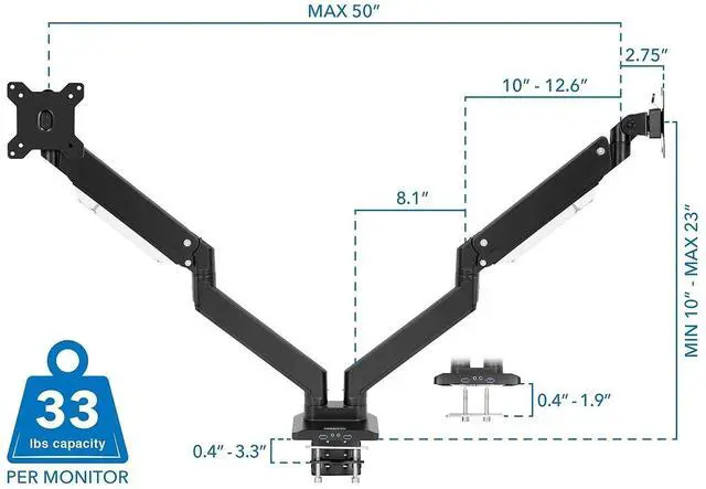 Alt view image 3 of 5 - MOUNT-IT! Heavy Duty Dual Monitor Desk Mount with USB 3.0 Ports | 33 lbs Capacity Per Arm | Adjustable Gas Spring, Double Arms for Computer Monitors, Full Motion Articulating, VESA (17-35 inches)