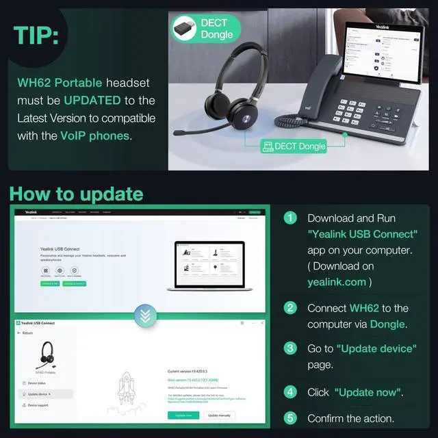 Alt view image 2 of 5 - Yealink WH62 Portable Wireless Headset with Dongle Computer Headset with Microphone (for Teams Optimized, WH62 with Dongle)