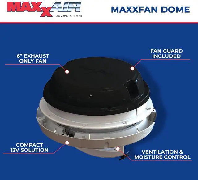 Alt view image 2 of 5 - MAXXAIR Maxxfan Dome Plus with LED Light, 6" Round 12V Ventilation Fan - Compact Solution for Rooftop or Sidewall Ventilation, Exhaust Only, Fan Guard Rain Shield, Moisture Control, Black (00-03810B)