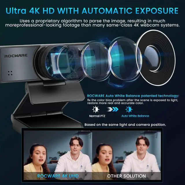 Alt view image 3 of 5 - ROCWARE 4K Webcam with Remote, RC16 Computer Camera with Microphone,1080p 60fps FHD,AI Tracking,Privacy Cover, WDR,110°FOV,8X Digital Zoom,Streaming Camera for PC/Meeting/Teaching/Zoom