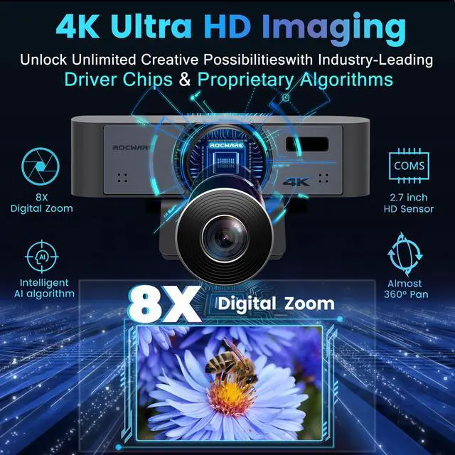 Alt view image 2 of 5 - ROCWARE 4K Webcam with Remote, RC16 Computer Camera with Microphone,1080p 60fps FHD,AI Tracking,Privacy Cover, WDR,110°FOV,8X Digital Zoom,Streaming Camera for PC/Meeting/Teaching/Zoom