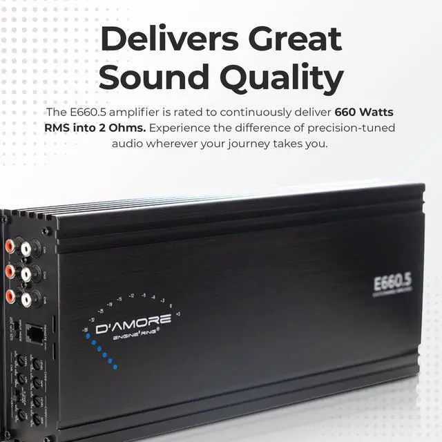 Alt view image 5 of 5 - DAmore Engineering - 5 Channel Car Audio Amplifier, 660 Watt Amp Car Audio with 2 Ohms Stable, Clean D Amplifier Technology & MOSFET Power Supply (E660.5)