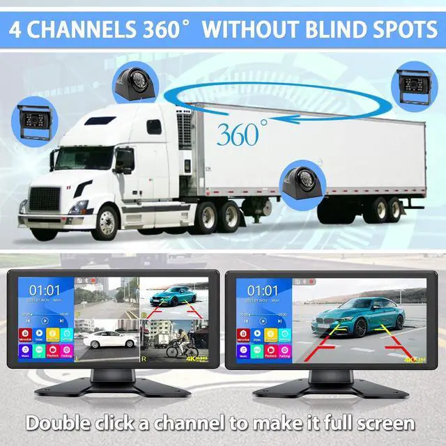 Alt view image 2 of 5 - RV Backup Camera System with 10.36 4K Monitor for RV Truck Bus Trailer with 4 Rear/Side View 1080P HD Cameras 4 Splits Touch Screen DVR Recording IP69 Waterproof Bluetooth Music Video Avoid Blind