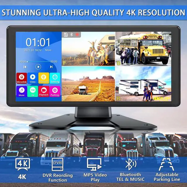 Alt view image 3 of 5 - RV Backup Camera System with 10.36 4K Monitor for RV Truck Bus Trailer with 4 Rear/Side View 1080P HD Cameras 4 Splits Touch Screen DVR Recording IP69 Waterproof Bluetooth Music Video Avoid Blind