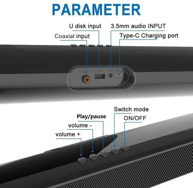 Alt view image 2 of 5 - Portable Sound Bar for TV/PC, 105dB Bluetooth 5.0 Wireless & Wired Soundbar with 2200 mAh Battery, 3D Surround Sound Home Theater Built-in Subwoofer with Remote Control for Projectors/Phones/Tablets