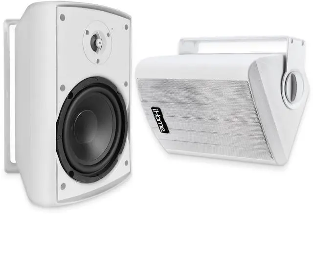 Main image of iHome IHSI-W525BT-PR-WHT Bluetooth Indoor/Outdoor All Weather Weatherproof 5.25 Inch Small 150W Watt Wall/Ceiling Mounted Surround Sound Powered Patio Speakers System Pair in Home Party Enclosure
