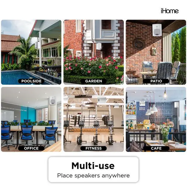 Alt view image 4 of 5 - iHome IHSI-W525BT-PR-WHT Bluetooth Indoor/Outdoor All Weather Weatherproof 5.25 Inch Small 150W Watt Wall/Ceiling Mounted Surround Sound Powered Patio Speakers System Pair in Home Party Enclosure