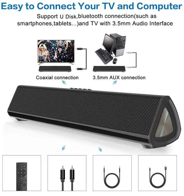 Alt view image 3 of 5 - Portable Sound Bar for TV/PC, 105dB Bluetooth 5.0 Wireless & Wired Soundbar with 2200 mAh Battery, 3D Surround Sound Home Theater Built-in Subwoofer with Remote Control for Projectors/Phones/Tablets
