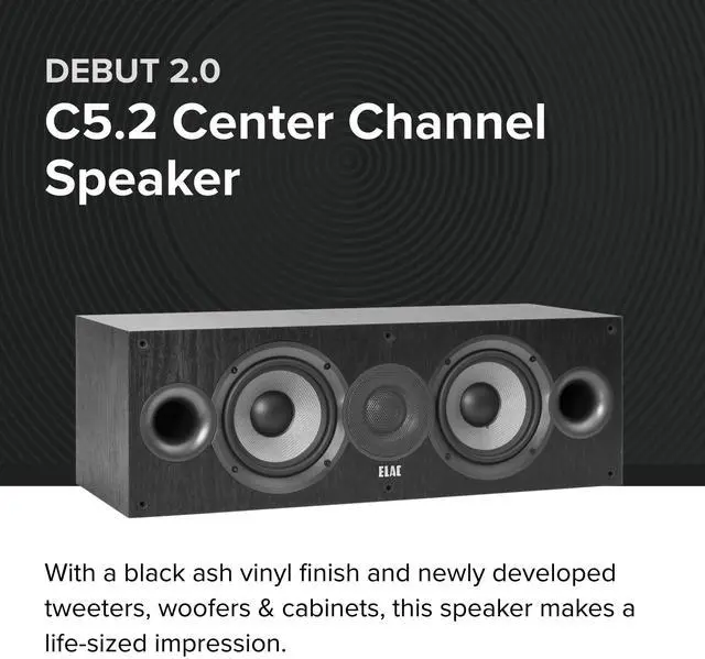 Alt view image 2 of 5 - ELAC Debut 2.0 C5.2 Center Channel Speaker, Black - 1 Cloth Dome Tweeter & Dual 5.25 Aramid Fiber Woofers - 2-Way Bass Reflex - Up to 35,000 Hz Response
