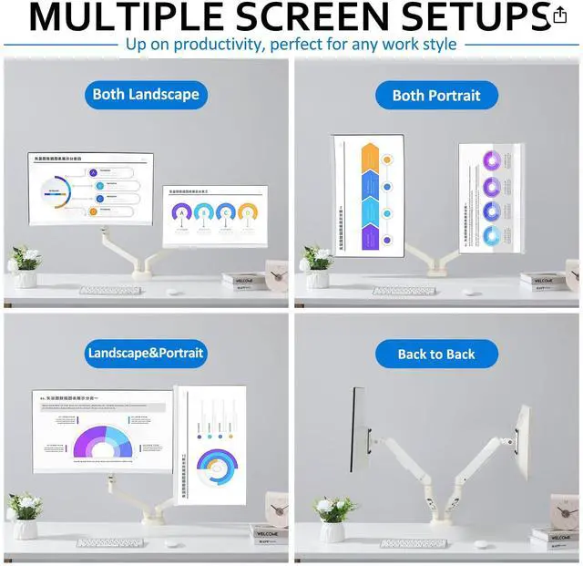 Alt view image 2 of 5 - Dual Monitor Arm for Desk up to 32 inches,Dual Monitor Stand with Gas Spring System,Each Arm Holds Max 22lbs,Monitor Mount for 2 Monitors, VESA 75x75 100x100 with C-clamp& Grommet, White