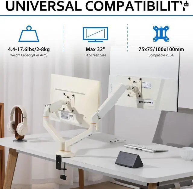 Alt view image 3 of 5 - Dual Monitor Arm for Desk up to 32 inches,Dual Monitor Stand with Gas Spring System,Each Arm Holds Max 22lbs,Monitor Mount for 2 Monitors, VESA 75x75 100x100 with C-clamp& Grommet, White