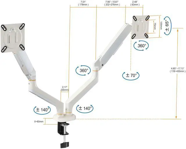 Alt view image 5 of 5 - Dual Monitor Arm for Desk up to 32 inches,Dual Monitor Stand with Gas Spring System,Each Arm Holds Max 22lbs,Monitor Mount for 2 Monitors, VESA 75x75 100x100 with C-clamp& Grommet, White