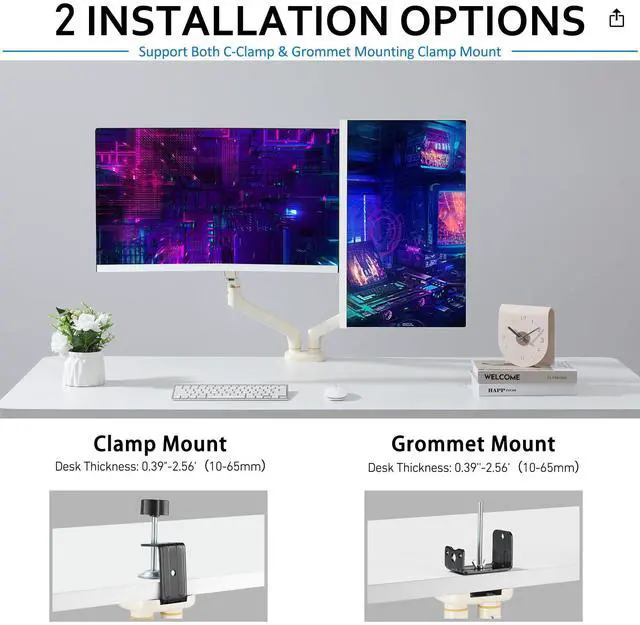 Alt view image 4 of 5 - Dual Monitor Arm for Desk up to 32 inches,Dual Monitor Stand with Gas Spring System,Each Arm Holds Max 22lbs,Monitor Mount for 2 Monitors, VESA 75x75 100x100 with C-clamp& Grommet, White
