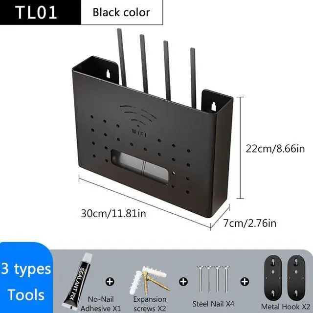 Alt view image 2 of 5 - Wall Mounted WiFi Router Storage Box, Living Room Plugs and Cables Hidden Organizer, Metal Router Organizer for Storage Routers, Wires, TV Set-Top Boxes (Black)