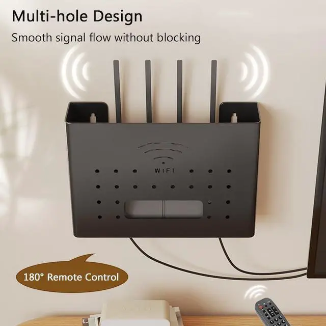 Alt view image 3 of 5 - Wall Mounted WiFi Router Storage Box, Living Room Plugs and Cables Hidden Organizer, Metal Router Organizer for Storage Routers, Wires, TV Set-Top Boxes (Black)