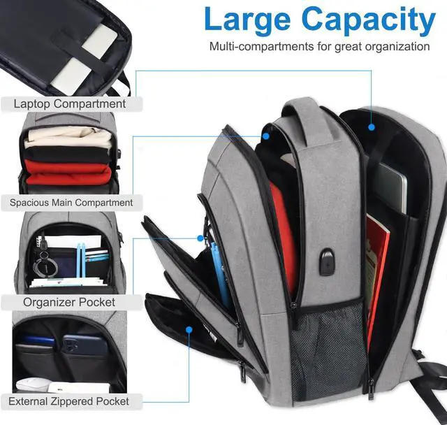 Alt view image 2 of 5 - BOOEUDI Travel Backpack, TSA Friendly 17 Inch Large Laptop Backpack for Men Women Water Resistant Business Carry On Backpacks with USB Charger Port and Luggage Sleeve Work Anti Theft Rucksack, Grey