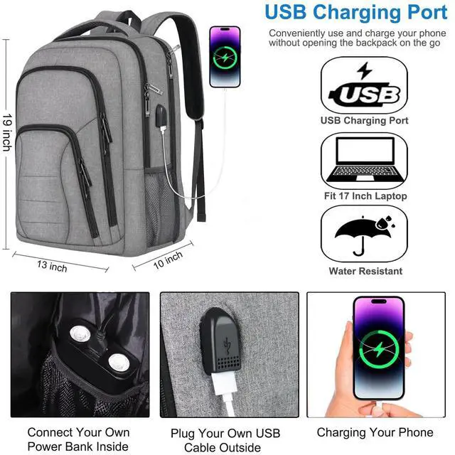 Alt view image 3 of 5 - BOOEUDI Travel Backpack, TSA Friendly 17 Inch Large Laptop Backpack for Men Women Water Resistant Business Carry On Backpacks with USB Charger Port and Luggage Sleeve Work Anti Theft Rucksack, Grey