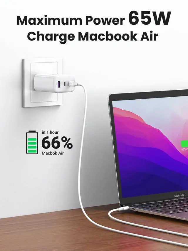 Alt view image 4 of 5 - UGREEN 60W USB C Cable 2 Pack Bundle with 65W USB C Charger 3 Ports