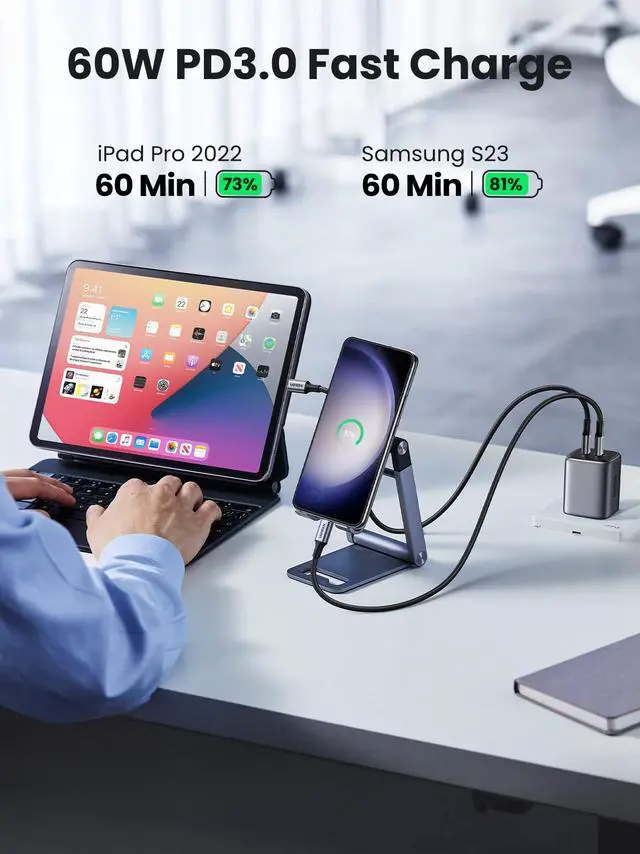 Alt view image 5 of 5 - UGREEN 60W USB C Cable 2 Pack Bundle with 65W USB C Charger 3 Ports