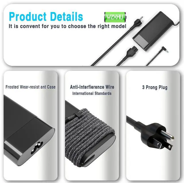 Alt view image 4 of 5 - WZXHU 200W Laptop Charger Compatible with HP Pavilion Gaming 15 16 17 15t 17t ZBook Fury Create Studio 15 17 G3 G4 G5 G6 G7 G8 Envy 15 2020 TPN-DA10 L00818-850 Power Supply Cord AC Adapter