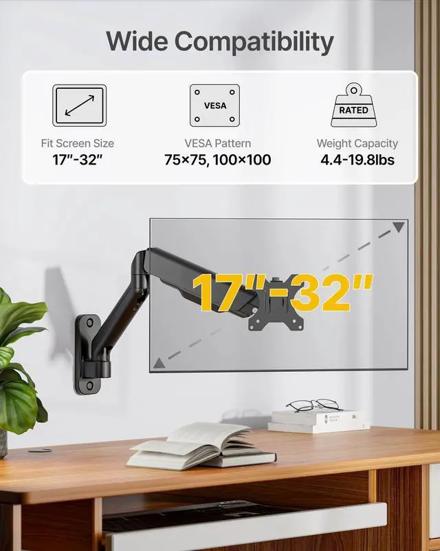 Alt view image 2 of 5 - monTEK Single Monitor Wall Mount for 17 to 32 inch Flat/Curved Screens, Holds to 19.8 lbs, Full Motion Adjustable Mechanical Spring Monitor Arm, 75x75/100x100 VESA Wall Mount, Black