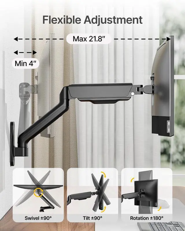 Alt view image 3 of 5 - monTEK Single Monitor Wall Mount for 17 to 32 inch Flat/Curved Screens, Holds to 19.8 lbs, Full Motion Adjustable Mechanical Spring Monitor Arm, 75x75/100x100 VESA Wall Mount, Black