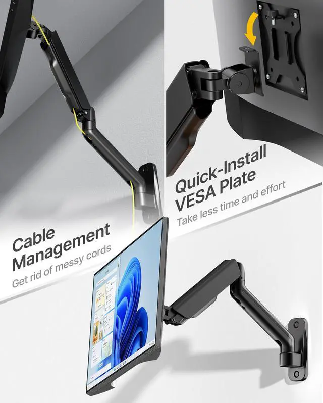 Alt view image 4 of 5 - monTEK Single Monitor Wall Mount for 17 to 32 inch Flat/Curved Screens, Holds to 19.8 lbs, Full Motion Adjustable Mechanical Spring Monitor Arm, 75x75/100x100 VESA Wall Mount, Black