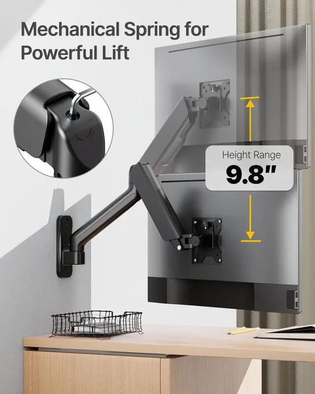 Alt view image 5 of 5 - monTEK Single Monitor Wall Mount for 17 to 32 inch Flat/Curved Screens, Holds to 19.8 lbs, Full Motion Adjustable Mechanical Spring Monitor Arm, 75x75/100x100 VESA Wall Mount, Black