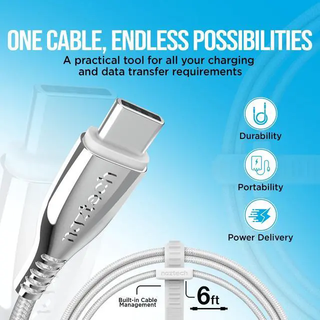 Alt view image 3 of 4 - Naztech Titanium 6ft USB-C to USB-C Charger Cord - Durable, Braided Fast Charging Cable w/High-Speed Data Transfer & 60 W Power Delivery, Compatible with iPhone, Android, Tablets, & More - White